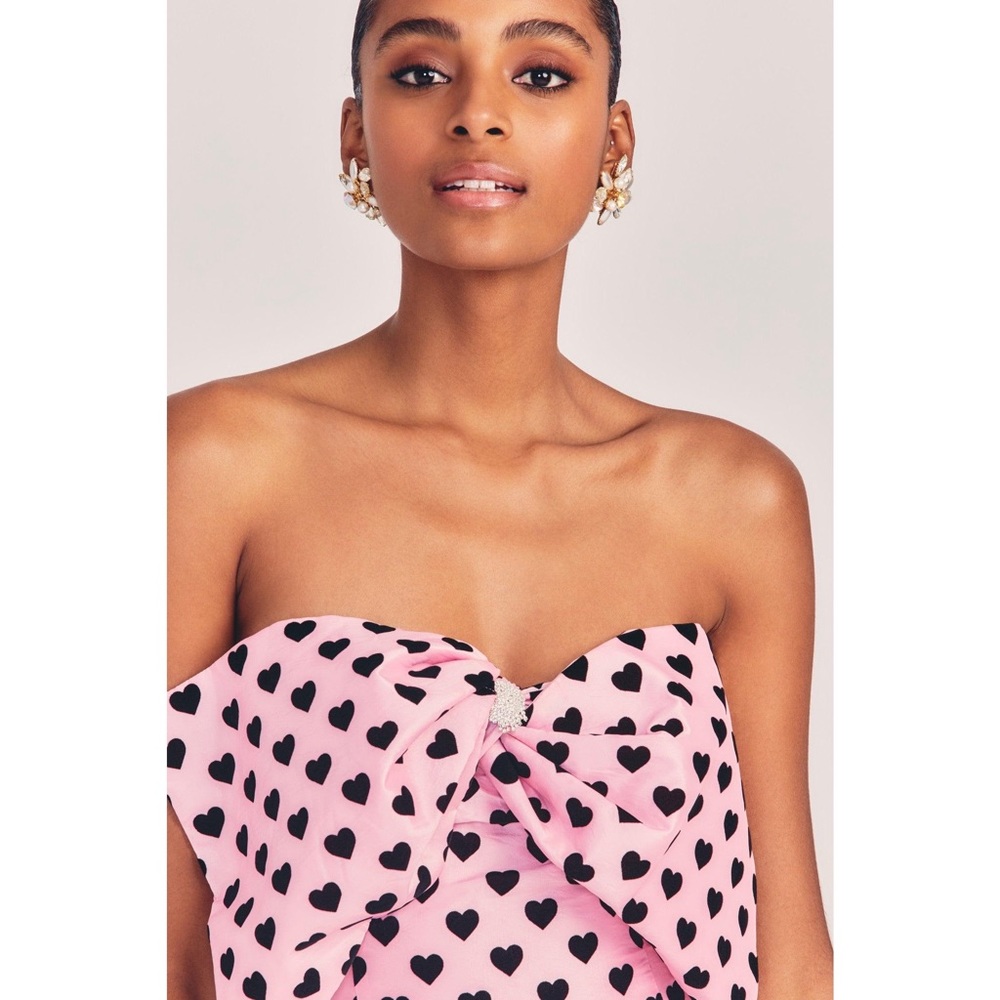 LoveShackFancy Tilson Bow Front Mini Dress in Pink Black Velvet Heart Pattern - Picture 3 of 11